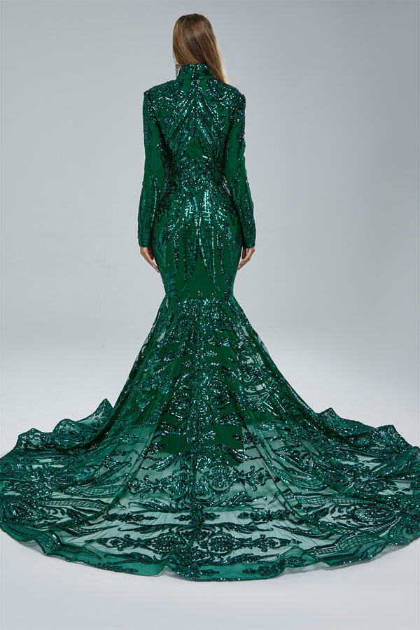 Mermaid High Neck Lace Sequined Floor-length Long Sleeve Elegant Prom Dress-Ballbella