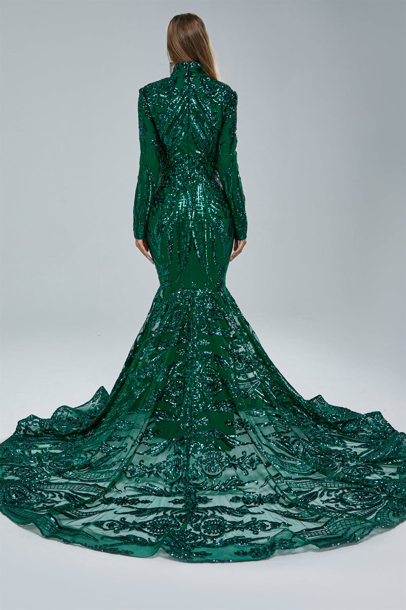 Mermaid High Neck Lace Sequined Floor-length Long Sleeve Elegant Prom Dress-Ballbella