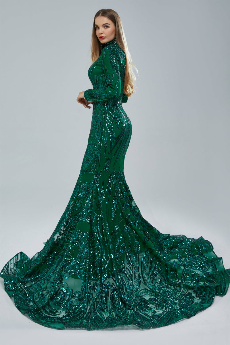 With Sleeves Formal Dress Emerald Green Bell Sleeve Dress High Neck Long Sleeve Sweep Train Zipper Mermaid Evening Dress With Sleeves Formal Dress Emerald Green Bell Sleeve Dress High Neck Long Sleeve Sweep Train Zipper Mermaid Evening Dress