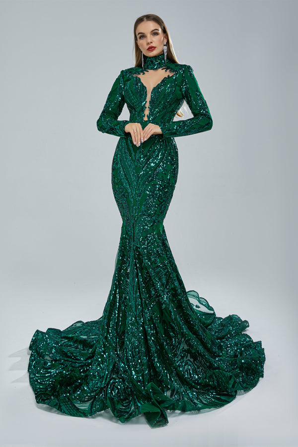 Mermaid High Neck Lace Sequined Floor-length Long Sleeve Elegant Prom Dress-Ballbella