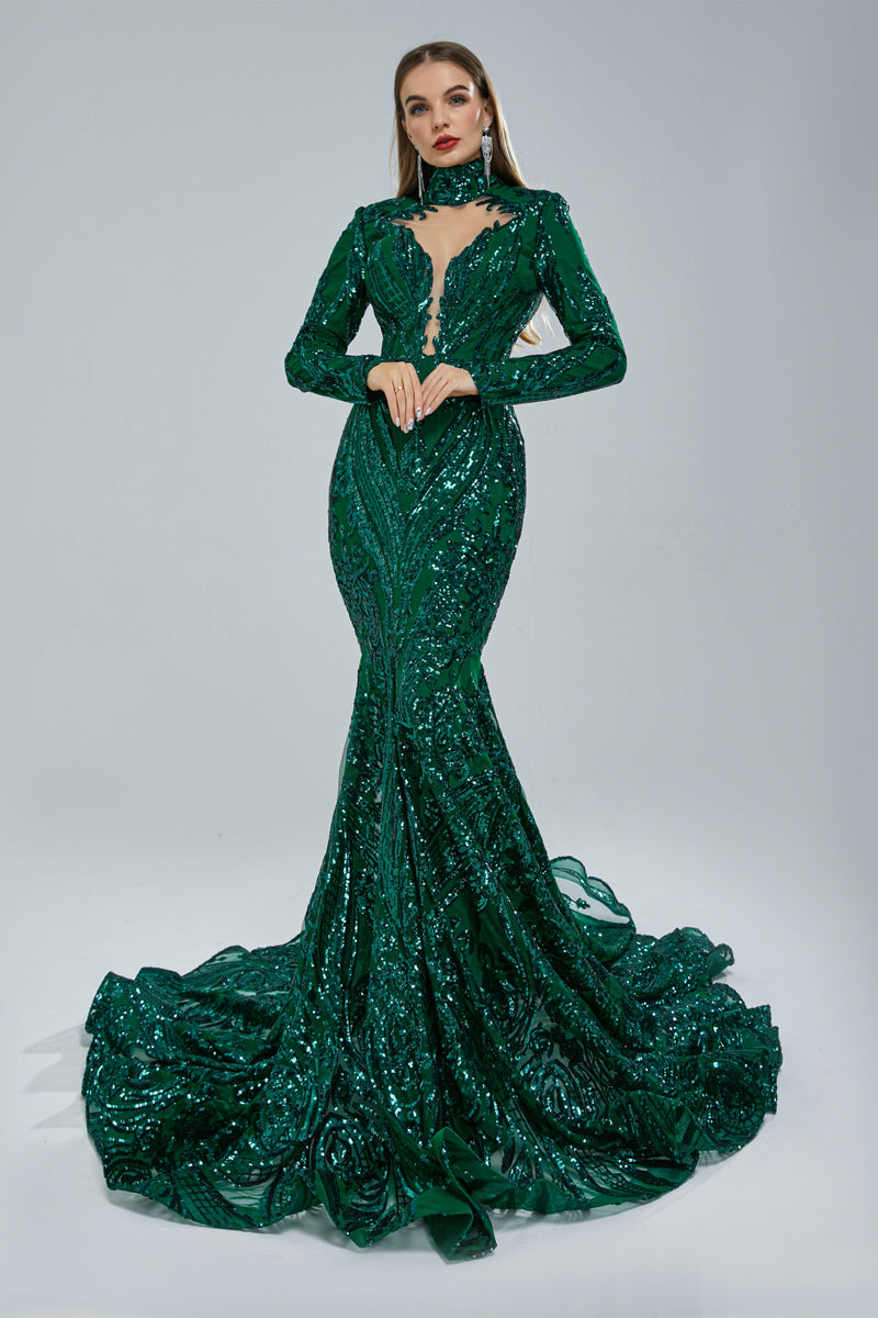 Mermaid High Neck Lace Sequined Floor-length Long Sleeve Elegant Prom Dress Mermaid High Neck Lace Sequined Floor-length Long Sleeve Elegant Prom Dress
