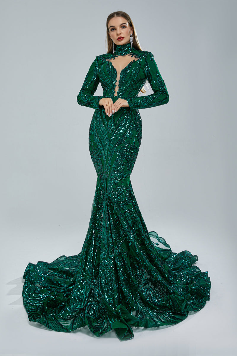 Mermaid High Neck Lace Sequined Floor-length Long Sleeve Elegant Prom Dress-Ballbella