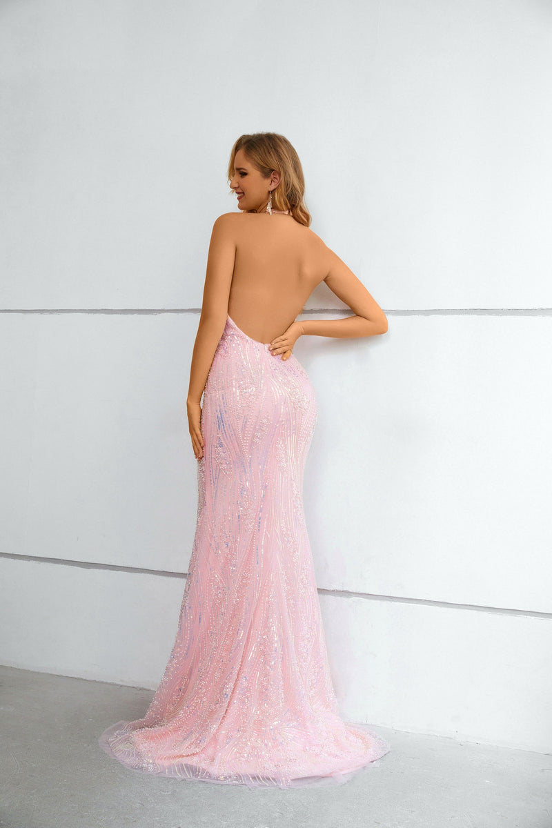 Mermaid High Neck Lace Sequined Floor-length Sleeveless Backless Prom Dress Mermaid High Neck Lace Sequined Floor-length Sleeveless Backless Prom Dress