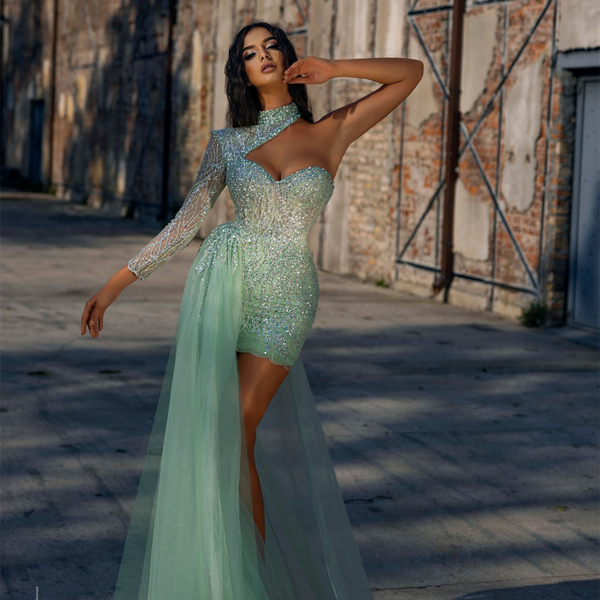 Mermaid High Neck Lace Sequined Mini One Shoulder Beaded Prom Dress With Side Train