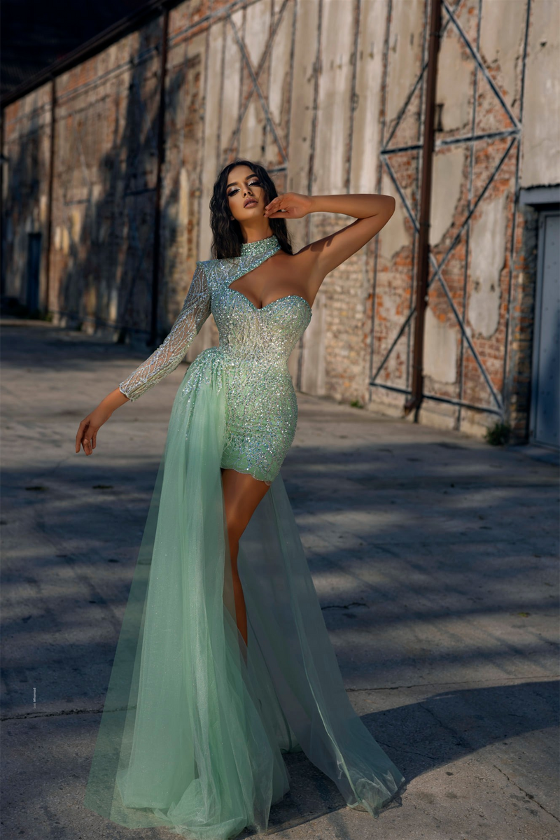 Mermaid High Neck Lace Sequined Mini One Shoulder Beaded Prom Dress With Side Train Mermaid High Neck Lace Sequined Mini One Shoulder Beaded Prom Dress With Side Train