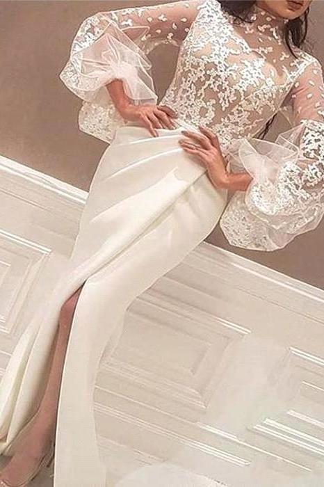 Mermaid High Neck Lace Wedding Dress Satin Long Sleeves Evening Party Dress-Ballbella