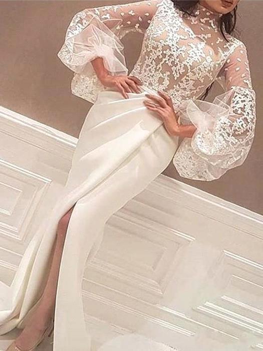 Ballbella offers Mermaid High Neck Lace Wedding Dress Satin Long Sleeves Evening Party Dress at a good price from White,Ivory,Blushing Pink,Champagne,Black, Satin to Column Floor-length hem.