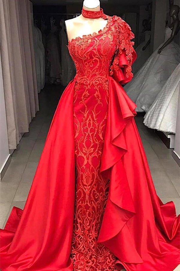Mermaid High Neck One Shoulder Floor-length Half Sleeve Appliques Lace With Side Train Prom Dress-Ballbella