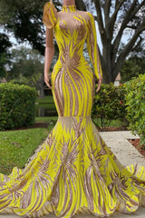 Mermaid High Neck One Shoulder Sequined Floor-length Long Sleeve Lace Prom Dress-Ballbella