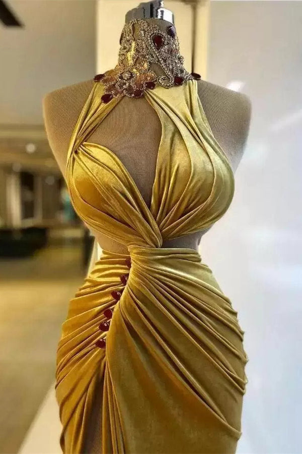 Mermaid High Neck Ruffles Floor-length Sleeveless Rhinestone High Split Prom Dress-Ballbella