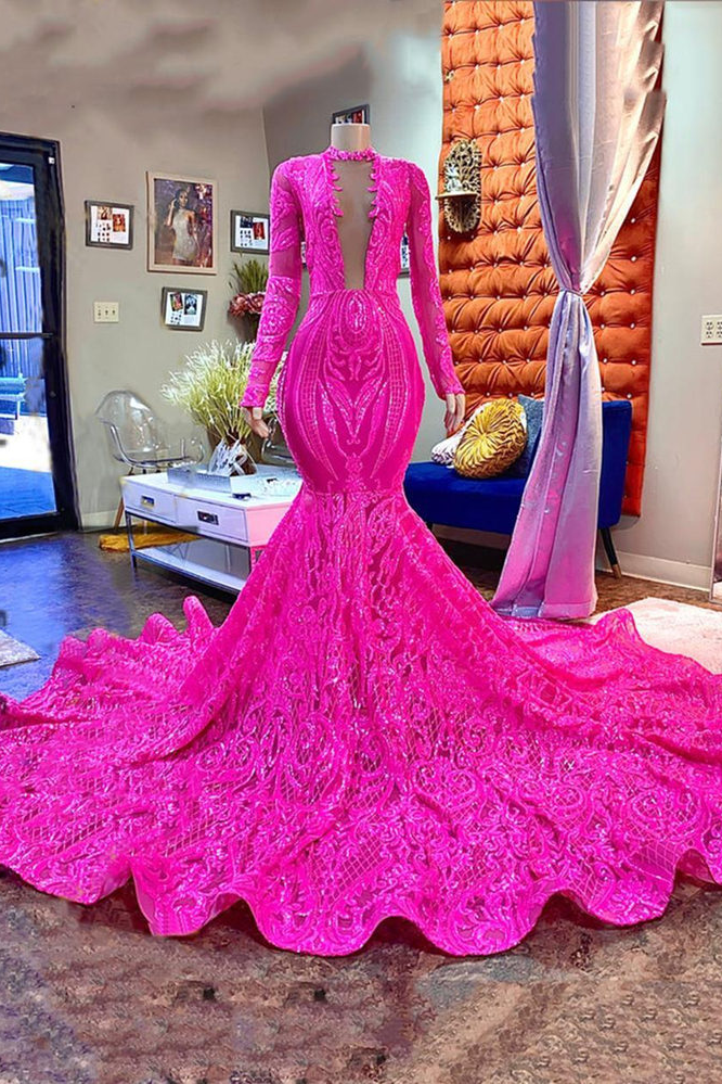 Mermaid High Neck Sequined Floor-length Long Sleeve Appliques Lace Prom Dress-Ballbella