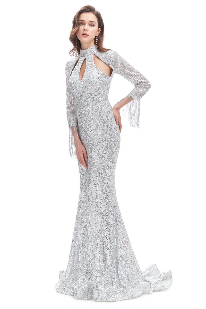 Mermaid High Neck Sequined Floor-length Long Sleeve Prom Dress-Ballbella