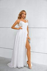 Mermaid High Split Sweetheart Spaghetti strap Floor-length Sleeveless Backless Prom Dresses-Ballbella