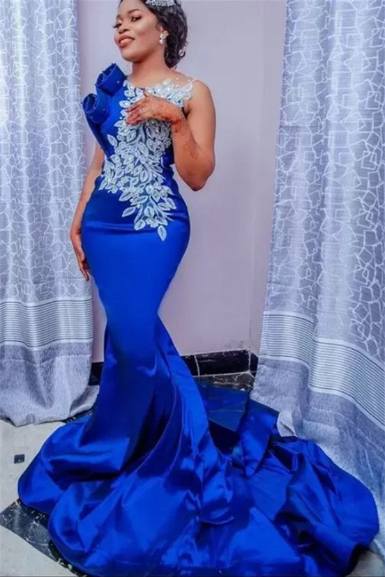 Mermaid Jewel Floor-length Sleeveless Appliques Lace Prom Dress-Ballbella
