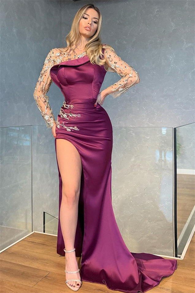 Mermaid Jewel Lace Applique Floor-length Long Sleeve High Split Prom Dress-Ballbella
