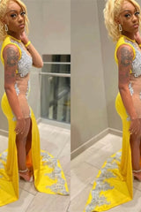 Mermaid Jewel Lace Applique Sequined Floor-length Sleeveless High Split Prom Dress-Ballbella