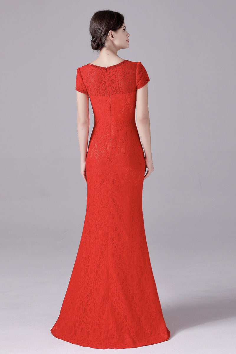 Mermaid Jewel Lace Floor Length Short sleeves Vintage mother's dress-Ballbella