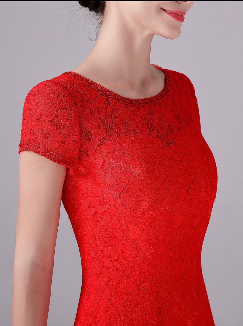 Mermaid Jewel Lace Floor Length Short sleeves Vintage mother's dress-Ballbella