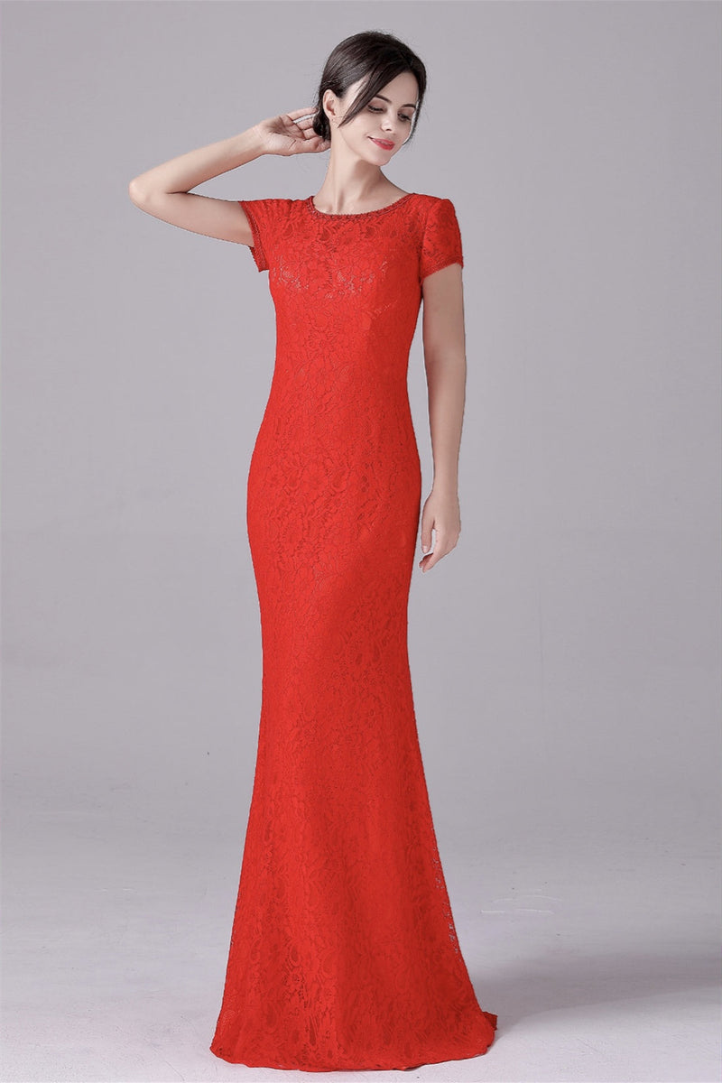Mermaid Jewel Lace Floor Length Short sleeves Vintage mother's dress-Ballbella
