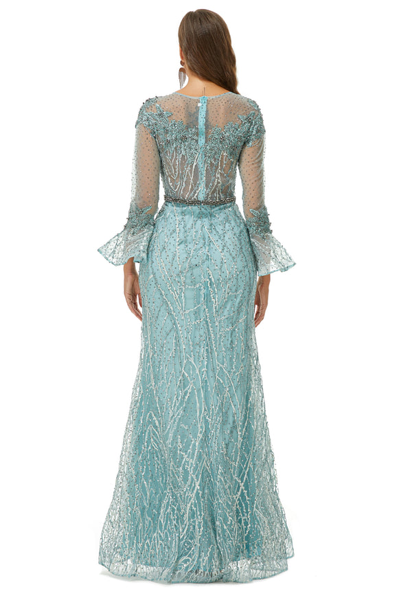 Mermaid Jewel Lace Sequined Ankle Lengt Long Sleeve Prom Dress-Ballbella