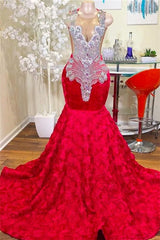 Mermaid Jewel Lace Sequined Applique Sleeveless Floor-length Prom Dress-Ballbella