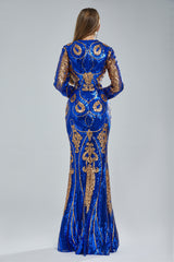 Mermaid Jewel Lace Sequined Floor-length Long Sleeve Detachable Train Elegant Prom Dress-Ballbella