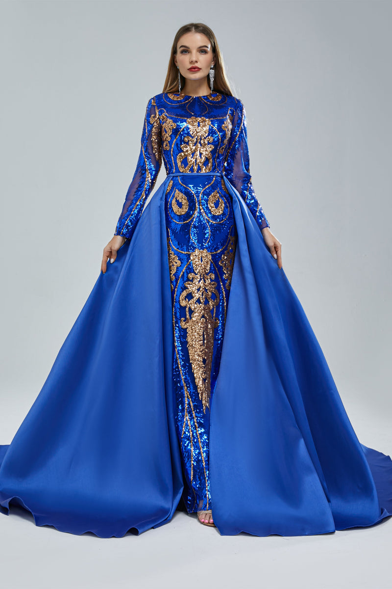 Mermaid Jewel Lace Sequined Floor-length Long Sleeve Detachable Train Elegant Prom Dress-Ballbella