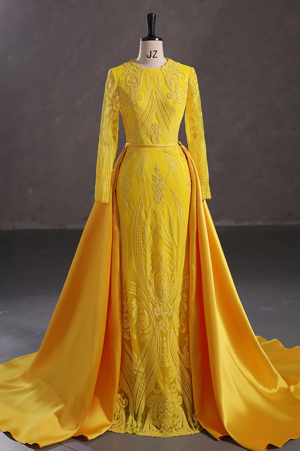 Mermaid Jewel Lace Sequined Floor-length Long Sleeve Detachable Train Elegant Prom Dress-Ballbella