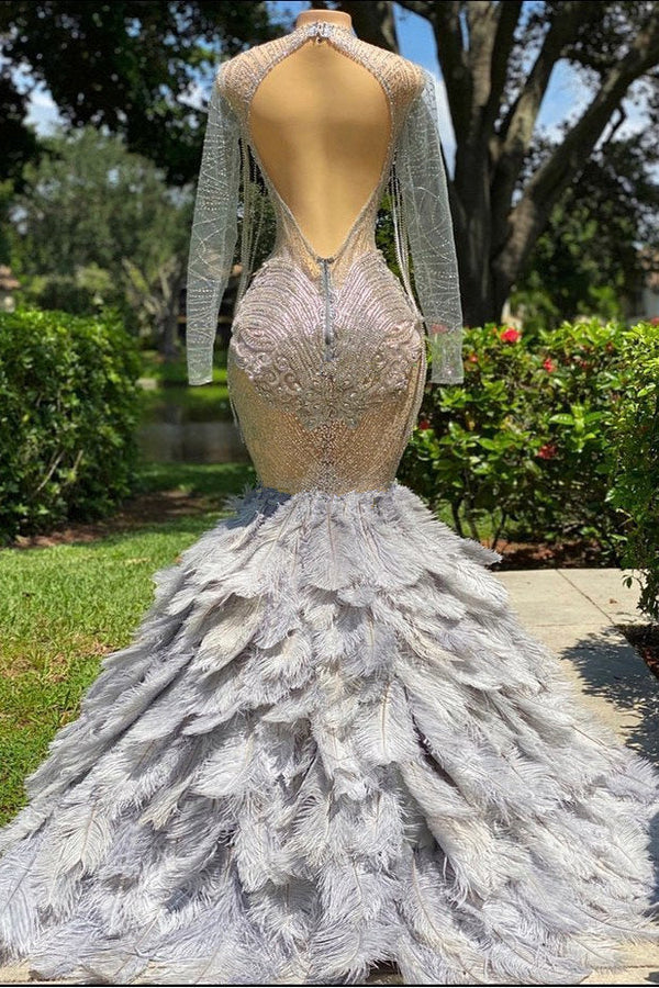 Mermaid Jewel Lace Sequined Open Back Floor-length Long Sleeve Lace Beading Prom Dress With Feather-Ballbella