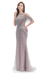 Mermaid Jewel Sequined Floor-length Half Sleeves Beading Prom Dress-Ballbella
