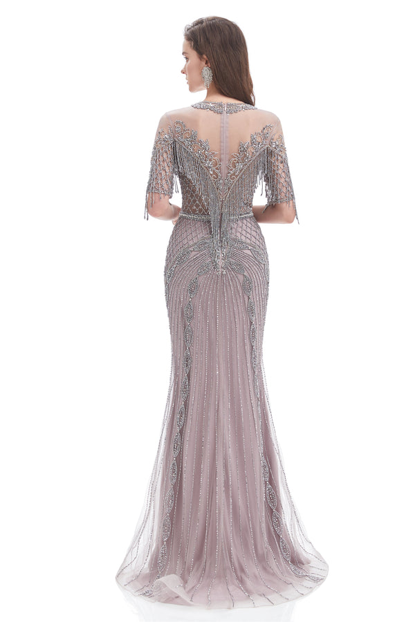 Mermaid Jewel Sequined Floor-length Half Sleeves Beading Prom Dress-Ballbella