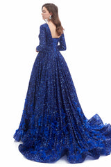 Mermaid Jewel Sequined Floor-length Long Sleeve With Feather Prom Dress-Ballbella