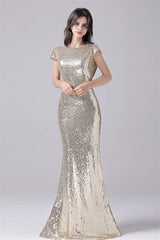 Mermaid Jewel Sequined Floor Length Short sleeves mother's dress-Ballbella