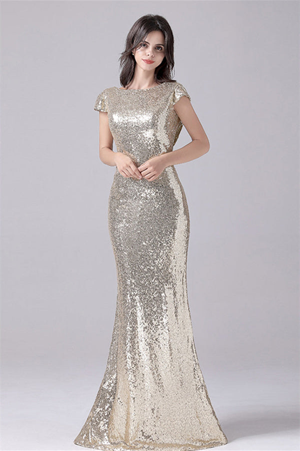 Mermaid Jewel Sequined Floor Length Short sleeves mother's dress-Ballbella