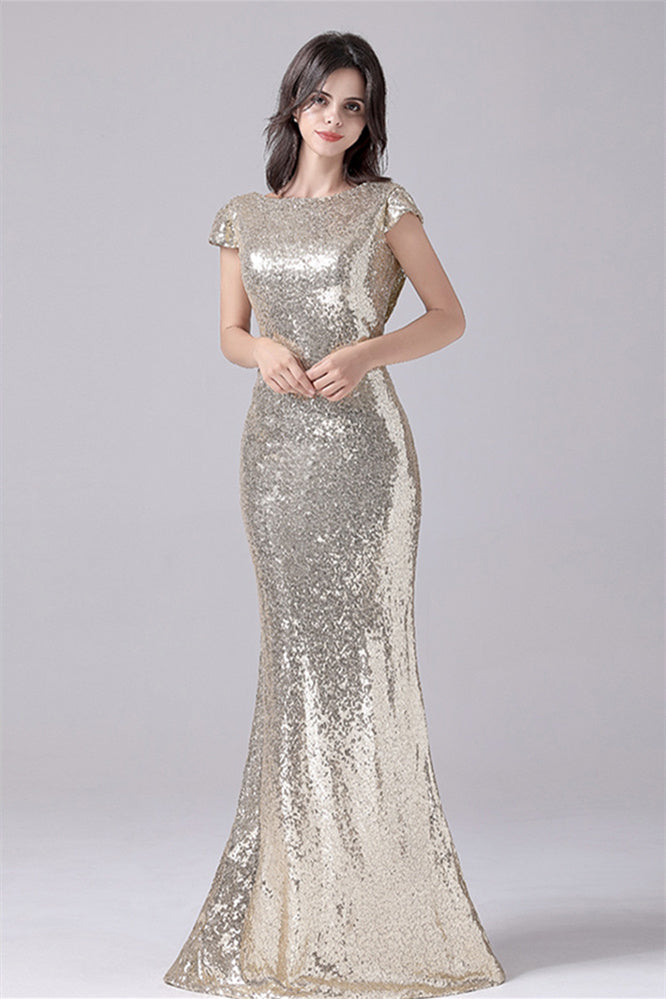 Mermaid Jewel Sequined Floor Length Short sleeves mother's dress-Ballbella