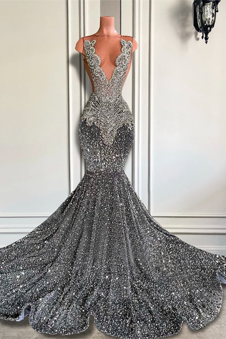 Mermaid Jewel Sequined Floor-length Sleeveless Appliques Lace Prom Dress-Ballbella