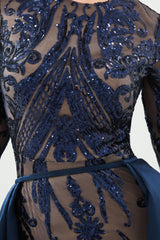 Mermaid Jewel With Detachable Train Sequined Floor-length Long Sleeve Appliques Lace Prom Dress-Ballbella
