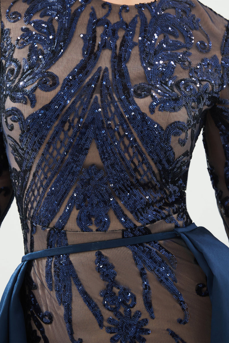 Mermaid Jewel With Detachable Train Sequined Floor-length Long Sleeve Appliques Lace Prom Dress-Ballbella
