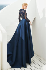 Mermaid Jewel With Detachable Train Sequined Floor-length Long Sleeve Appliques Lace Prom Dress-Ballbella