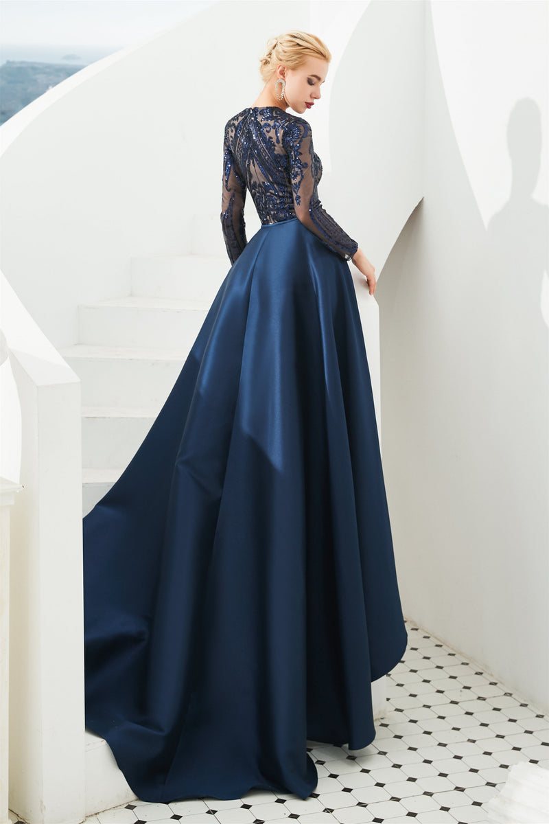 Mermaid Jewel With Detachable Train Sequined Floor-length Long Sleeve Appliques Lace Prom Dress-Ballbella