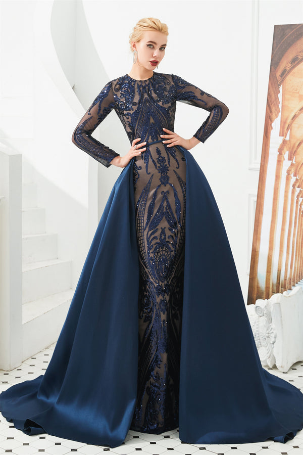 Mermaid Jewel With Detachable Train Sequined Floor-length Long Sleeve Appliques Lace Prom Dress-Ballbella
