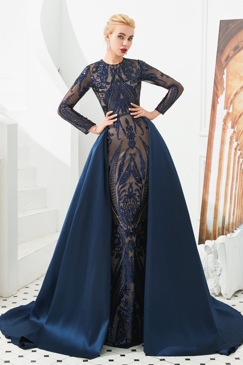 Mermaid Jewel With Detachable Train Sequined Floor-length Long Sleeve Appliques Lace Prom Dress-Ballbella