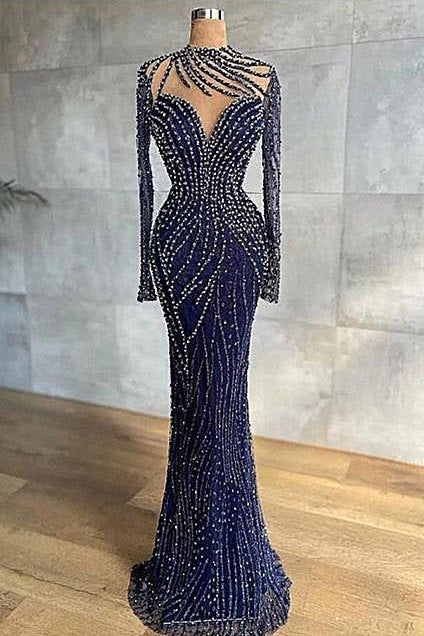 Mermaid Jewel With Side Train Floor-length Long Sleeve Beading Sequined Lace With Side Train Prom Dress-Ballbella