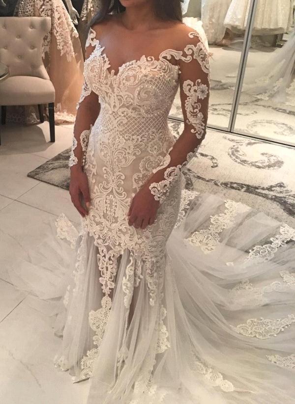 Ballbella custom made this Long Sleeves lace wedding dress latest in high quality, we sell dresses online all over the world. Also, extra discount are offered to our customs. We will try our best to satisfy everyoneone and make the dress fit you well.