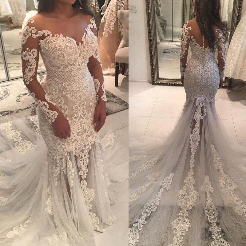 Ballbella custom made this Long Sleeves lace wedding dress latest in high quality, we sell dresses online all over the world. Also, extra discount are offered to our customs. We will try our best to satisfy everyoneone and make the dress fit you well.