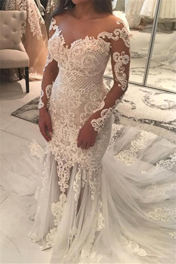 Mermaid Lace Appliques Modern Tulle Wedding Dress Long Sleeves Bride Dress With Long Train-Ballbella
