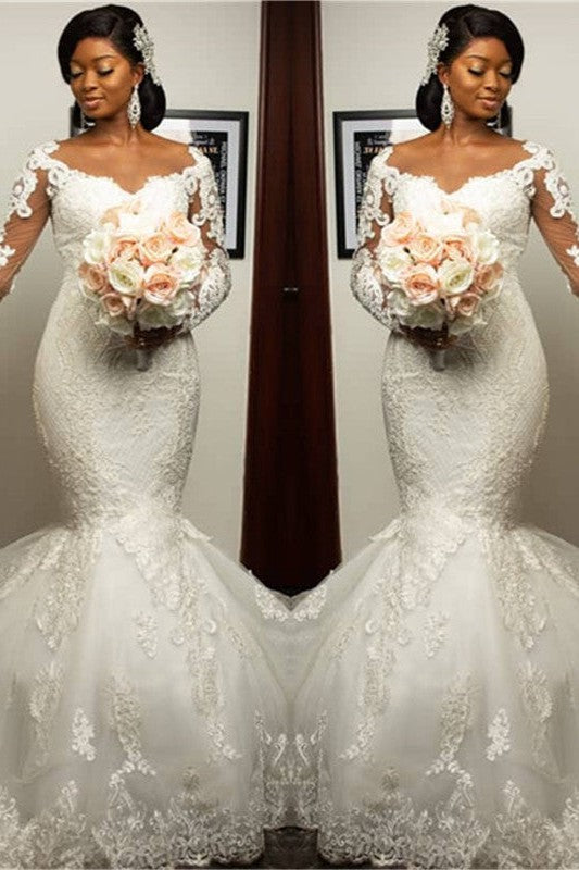 Mermaid Lace Appliques Wedding Dresses with Sleeves Modern Plus Size Bridal Gowns Onine-Ballbella