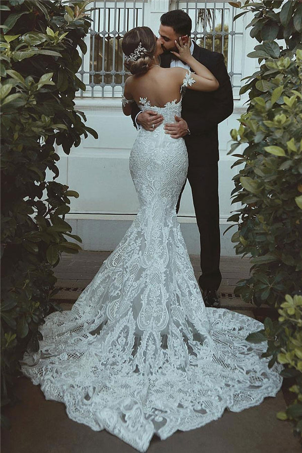 Mermaid Lace Wedding Dress Modern Court Train Sweetheart Bridal Gowns with Sleeve Decorations-Ballbella