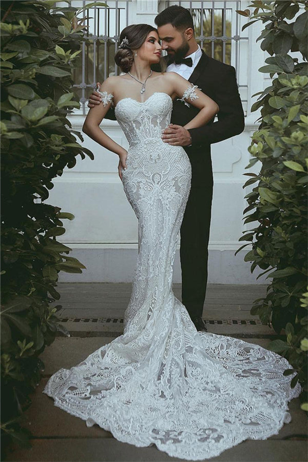 Mermaid Lace Wedding Dress Modern Court Train Sweetheart Bridal Gowns with Sleeve Decorations-Ballbella