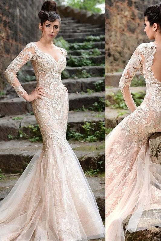 Mermaid Long Sleeves Ivory Lace Wedding Dresses Modern Sheer Tulle See Through Back Evening Dresses-Ballbella